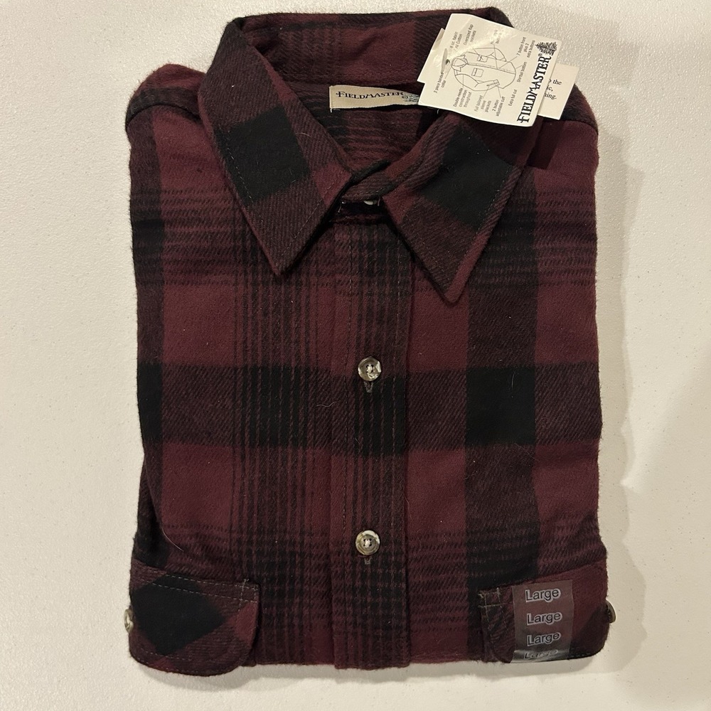 Fieldmaster Plaid Flannel Shirt Mens Large Maroon Black Heavyweight 90s Vintage